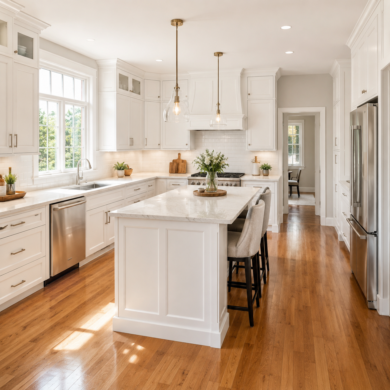 White kitchen remodel with marble island and hardwood floors in Morris County NJ