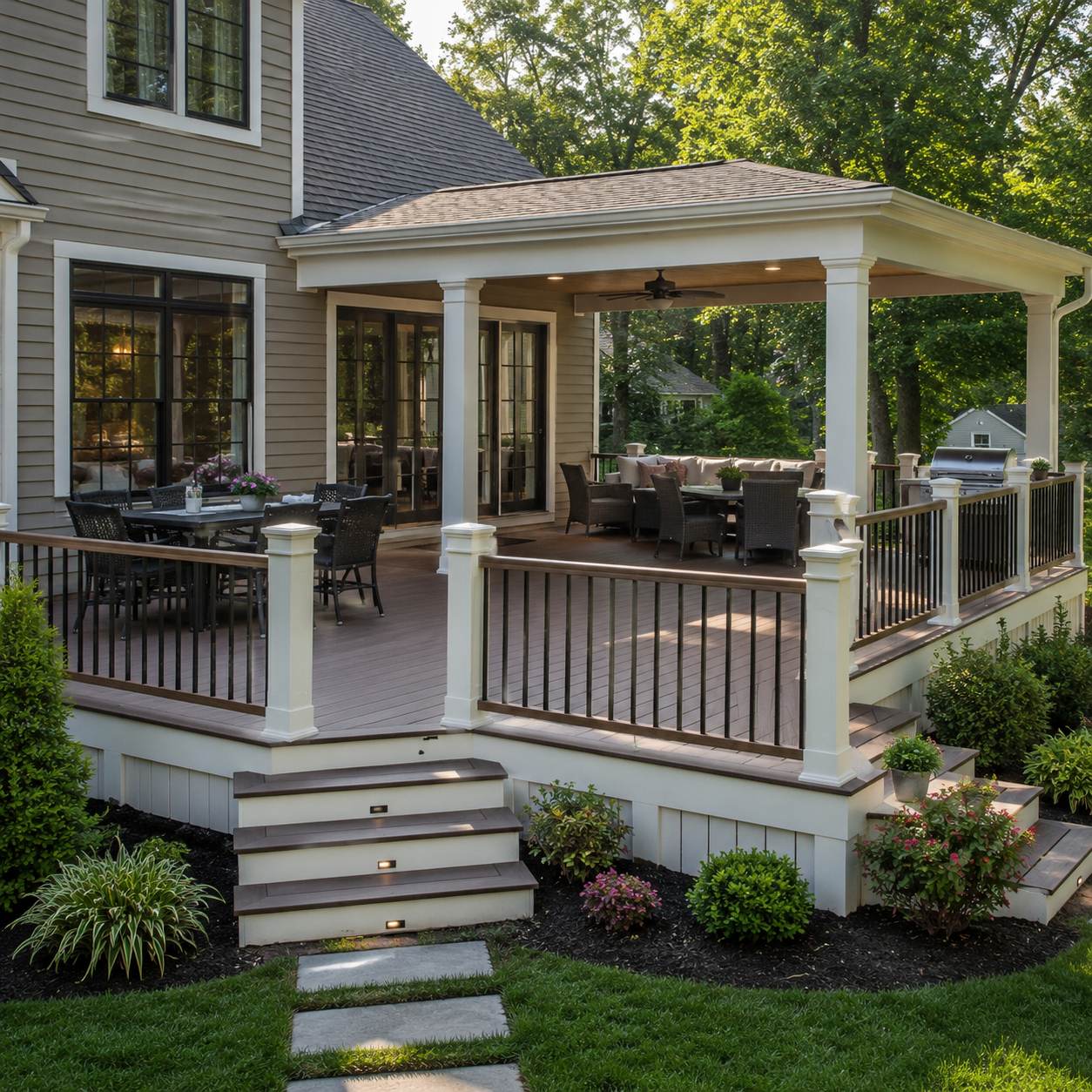 Covered deck with railing and outdoor living space in Morris County NJ