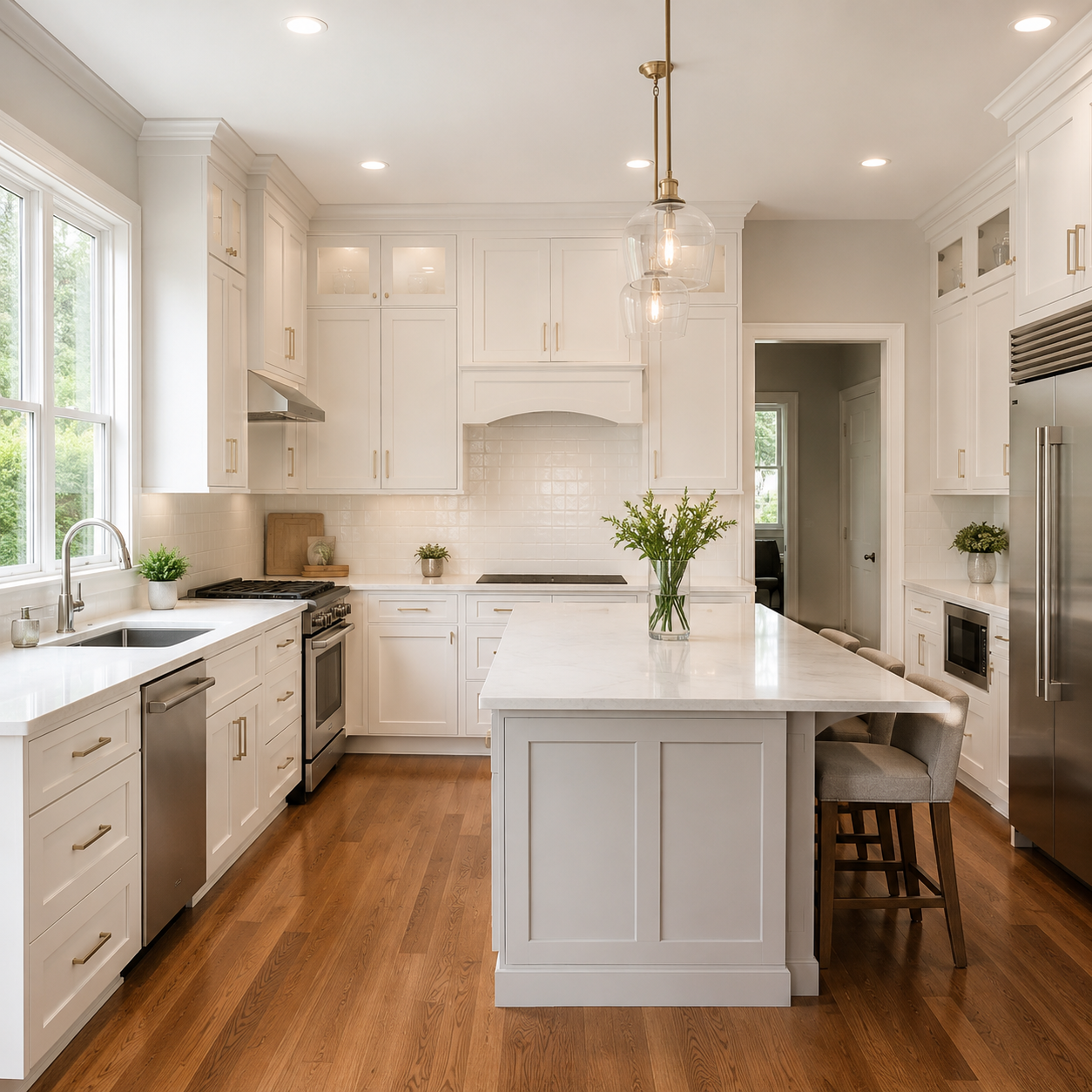 White kitchen with marble island and hardwood floors Morris County NJ