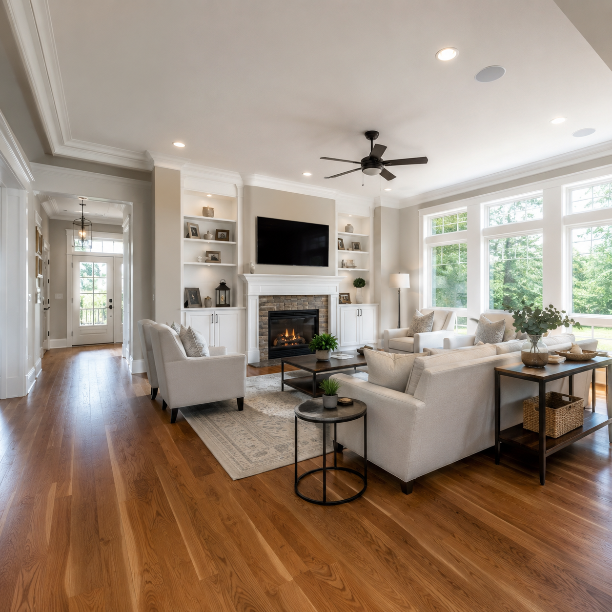 Living room with built-ins, fireplace and hardwood flooring in Morris County NJ
